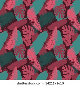 A simple pattern illustration of tropical palm leaves and monstera leaves