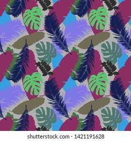 A simple pattern illustration of tropical palm leaves and monstera leaves