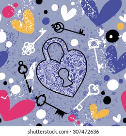Simple pattern with keys, heart and key. Great for girls, Valentine's Day, Halloween, Mother's Day, wedding, scrapbook, surface textures.