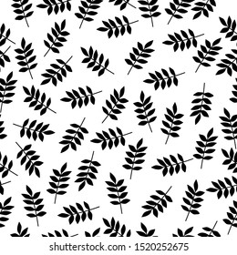 A simple pattern of leaves. White background, black leaves, plants . Print is well suited for textiles, Wallpaper and packaging.