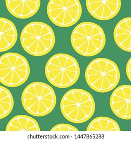 A simple pattern of lemon. Green background, juicy slices of lemon. The print is well suited for textiles,Wallpaper,banners and packaging.