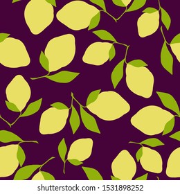 A simple pattern of lemons. Burgundy background, juicy lemons. The print is well suited for textiles, banner and Wallpaper.
