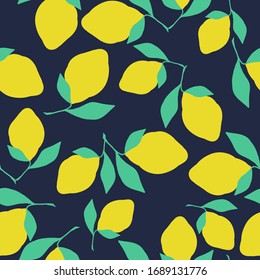 A simple pattern of lemons. Dark background, juicy ripe lemons on a branch.The print is well suited for textiles, Wallpaper and packaging.