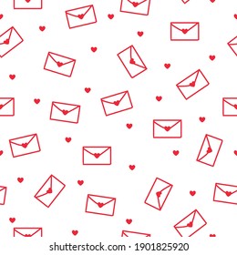 simple pattern of letters on white background. white envelopes with little red hearts. Vector pattern. print for valentine's day cards .