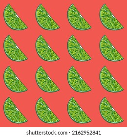 Simple pattern with lime slice on pink red background. Geometric pop art funny print with citrus.