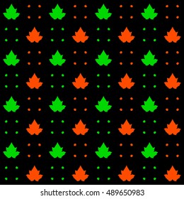 Simple pattern with maple leaves and grains on a black background. This pattern can be used in the design of the fabric, paper, covers, cards and as a design element.
