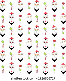 Simple Pattern with men's heads with expressions (emotions), stars and rose flower
