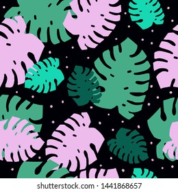 A simple pattern of monstera. Black background, green and pink monstera leaves. Print is well suited for textiles, banners,packaging,Wallpaper.
