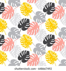 simple pattern with monstera leaves on white background. summer tropical vibes pattern. can be used for textile, wrapping paper, cards or posters