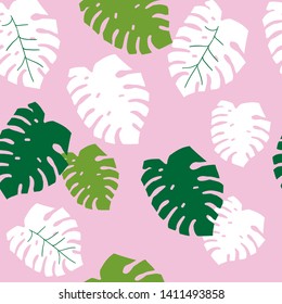 A simple pattern of monstera. Pink background, green and white monstera leaves. The print is well suited for textiles, Wallpaper,packaging and postcards.