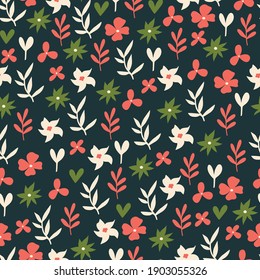 A simple pattern with motley little flowers on dark background. Hand-drawn floral illustration for wallpaper, wrapping paper, surface design
