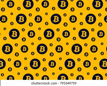 Simple pattern, navy symbols of bitcoin on yellow background, vector illustration