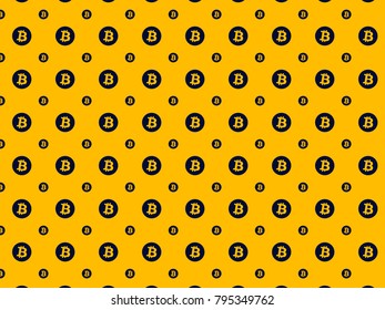Simple pattern, navy symbols of bitcoin on yellow background, vector illustration