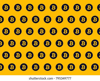 Simple pattern, navy symbols of bitcoin on yellow background, vector illustration