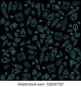 Simple Pattern neon blue line of town art on black background, car, bicycle, building, house, home, pine tree, tree