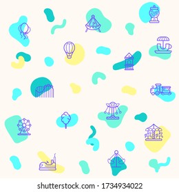 Simple pattern on the theme of amusement park, playground, rides, roller coaster, merry go round, Bumper cars, ferris wheel more. simple color icons on beige background.