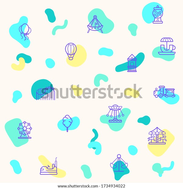 Simple pattern on the
theme of amusement park, playground, rides, roller coaster, merry
go round, Bumper cars, ferris wheel more. simple color icons on
beige background.