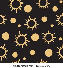 A simple pattern on the theme of space. Drawn stars and planets in cartoon style. Dark background with yellow objects. Space wallpaper for design.