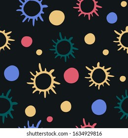 A simple pattern on the theme of space. Drawn stars and planets in cartoon style. Seamless pattern with handdrawn stars. Bright vector illustration.