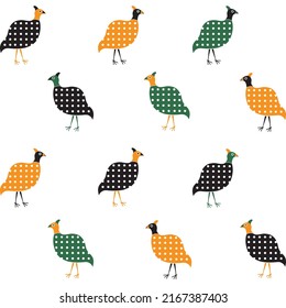 A simple pattern on a white background of stylised orange, green and black guinea fowls turned in different directions