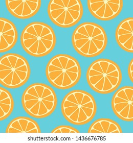 A simple pattern of orange. Blue background, juicy orange. Print is well suited for textiles, packaging, Wallpaper, banner.