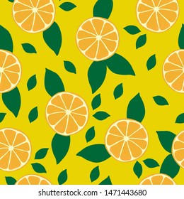 A simple pattern of orange. Yellow background, juicy oranges and leaves. The print is well suited for textiles,banners,Wallpaper and packaging.