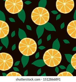 A simple pattern of oranges. Black background, bright juicy oranges with leaves. Print is well suited for textiles, banners, Wallpaper and packaging.
