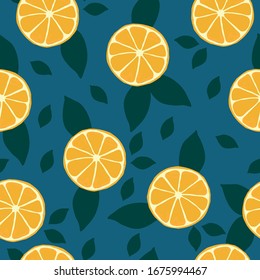 Simple pattern of oranges. Dark blue background, juicy oranges, leaves. The print is well suited for textiles, Wallpaper and packaging.