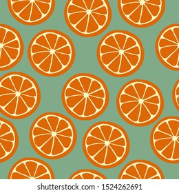 A simple pattern of oranges . Green background, juicy orange oranges, citrus. Print is well suited for textiles, Wallpaper and packaging.