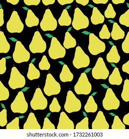 A simple pattern of pear. Black background, ripe yellow pears, leaves. The print is well suited for textiles, Wallpaper and packaging.