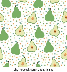 A simple pattern of pear. Ripe green pears and colored dots. White background. Vector texture. Bright print for Wallpaper.