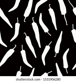 A simple pattern of peppers. Black background, white chili peppers. The print is well suited for textiles, banner and Wallpaper.