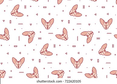 A simple pattern with pink cats and geometric shapes. Seamless pattern for fabric, clothes, t-shirts, paper.