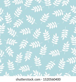 A simple pattern of plants. Blue background, white plants, leaves. Print is well suited for textiles, banners and packaging.