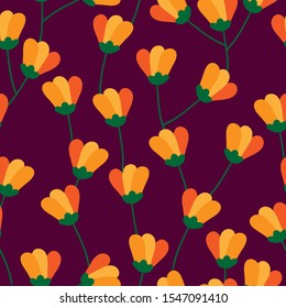 Simple pattern of plants. A deep red background, orange flowers,plants. The print is well suited for Wallpaper, textiles, packaging and banner.