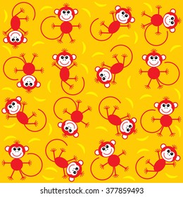 Simple pattern. Red Monkey and Bananas on a yellow background. Vector drawing. 