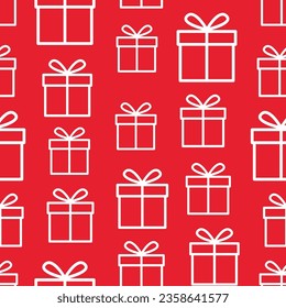 simple pattern repeating gift icon white outline randomly lined up on red background