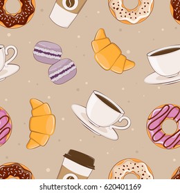 A simple pattern. Seamless background with the image of breakfast. Vector illustration. Sweets and coffee.