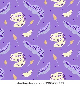Simple pattern with separate elements bananas, leaves, banana buds in violet and yellow colors