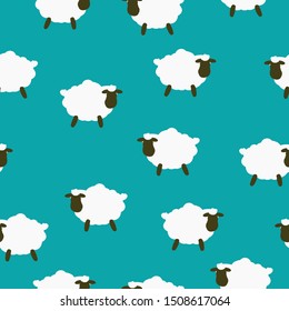 Simple pattern of sheep. Blue background, cute white sheep. Print is well suited for textiles and Wallpaper.