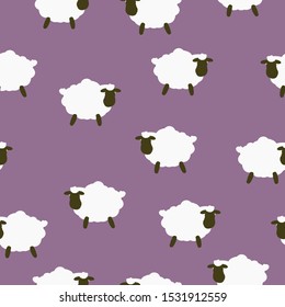 Simple pattern of sheep. Lilac background, cute white sheep. The print is well suited for textiles, banner and Wallpaper.
