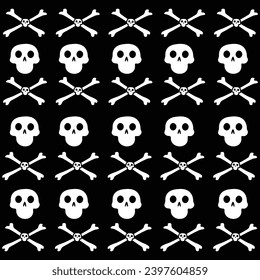Simple pattern with skulls .Black background with sculls and crosses.White bones 
