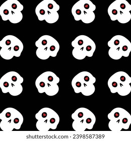 Simple pattern with skulls .Black background with sculls and red hearts.White cute skulls.