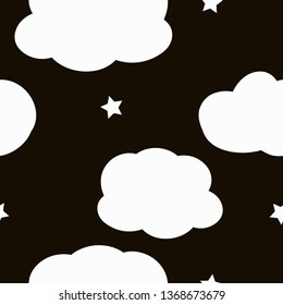 A simple pattern of the sky . Black background, cute white clouds and stars. The print is well suited for textiles,postcards,banners and Wallpapers.
