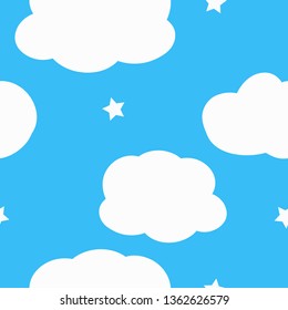 A simple pattern of the sky . Blue background, white clouds and stars. The print is well suited for textiles,banners,Wallpapers,postcards and packaging.