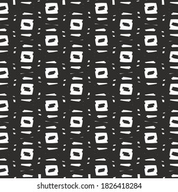 Simple pattern with square icons, marks and dots. Interwoven structure. Decorative graphics in black and white.