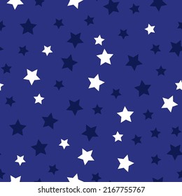 Patrón simple de estrellas. Fondo azul, estrellas blancas y azules oscuras. imprenta de moda para tapiz, textiles y banners.