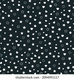 A simple pattern of stars. Dark blue background, white stars and hearts. fashionable print for wallpaper, textiles, banners and packaging.