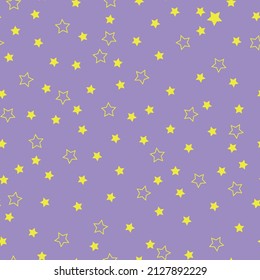 A simple pattern of stars. Lilac background, small yellow stars. Fashionable print for wallpaper, textiles, banners and packaging.