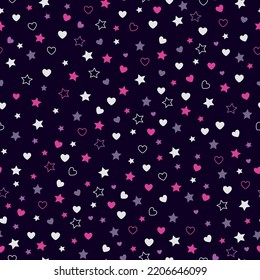 einfaches Sternmuster. kleine rosa-weiße Sterne und Herzen. Dunkler Hintergrund. Vektorstruktur. modischer Druck für Textilien, Tapeten und Verpackungen.